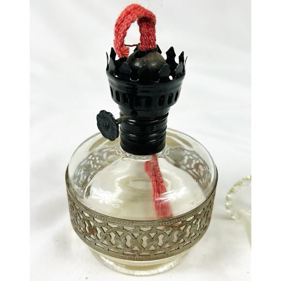 Vtg Miniature Clear Glass Oil Lamp Silver Metal Lattice Accent 8.5” Hong Kong - Picture 3 of 6